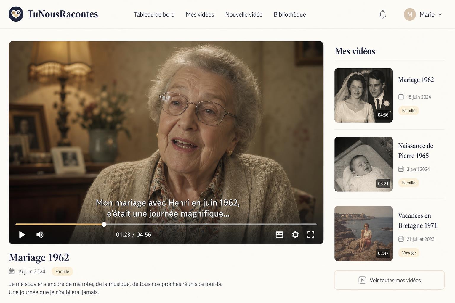 Aperçu du lecteur vidéo familial TuNousRacontes avec une grand-mère qui raconte un souvenir