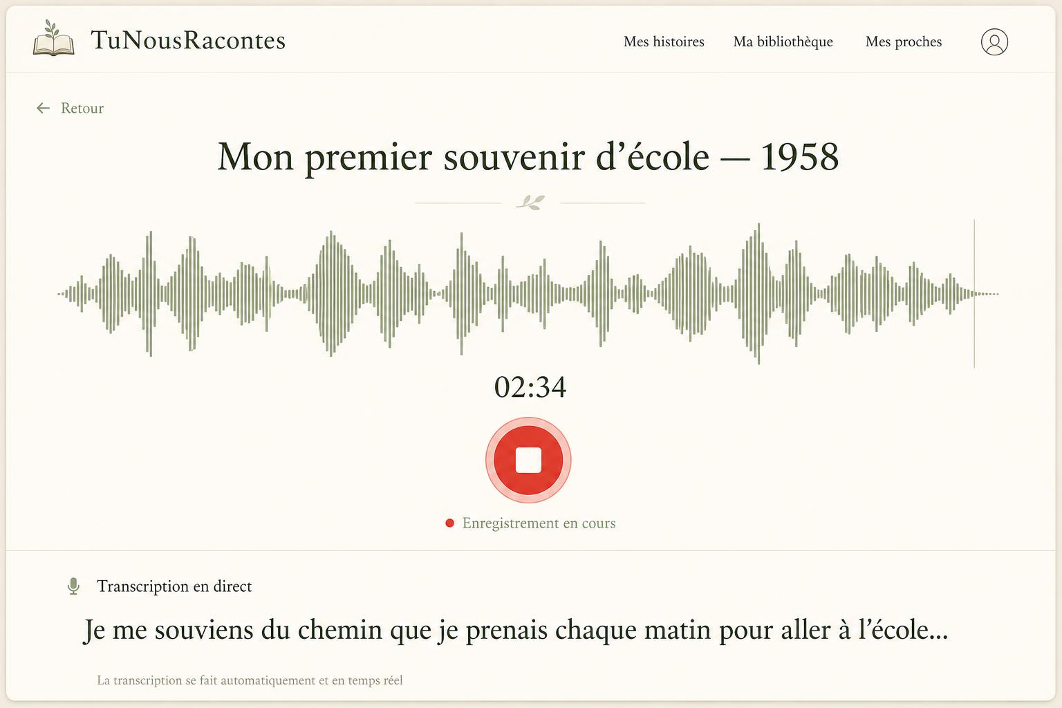 Aperçu de l'interface d'enregistrement vocal de TuNousRacontes